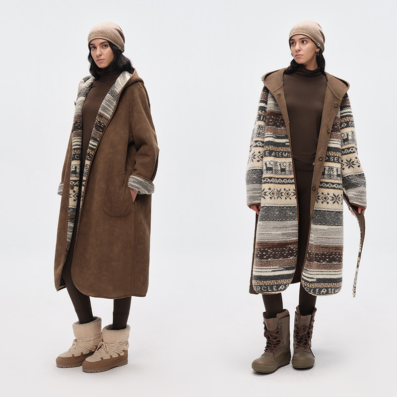 半圆原创设计女装[复古]2025冬双面穿长款仿羊羔毛保暖连帽大衣女,女装/女士精品,毛呢外套,淘宝优惠券,粉丝福利购,淘宝优惠卷