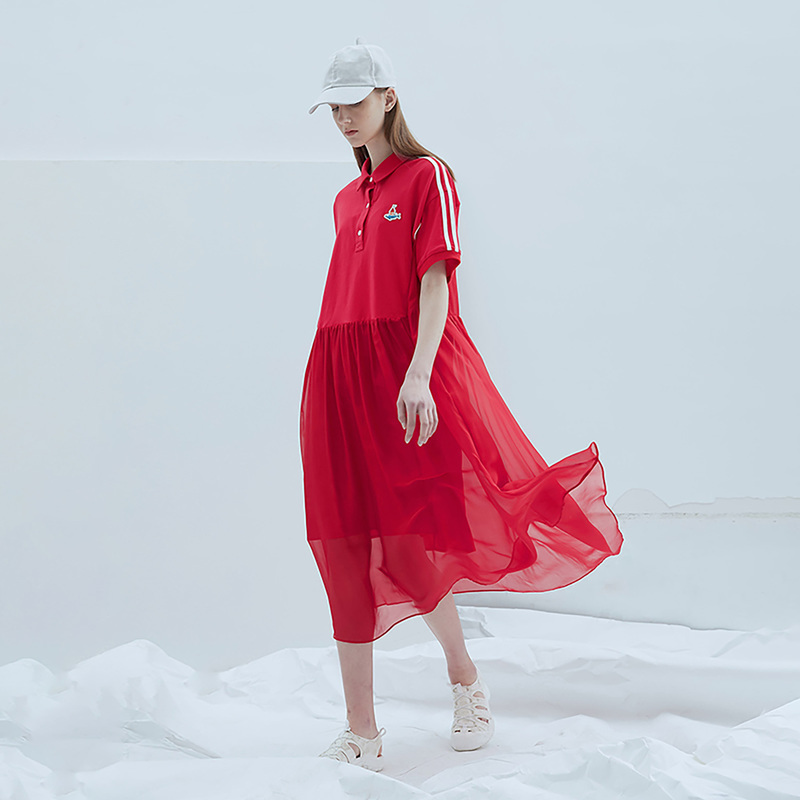 半圆原创设计师女装2023夏季新款桑蚕真丝红色短袖惊艳衬衫连衣裙
