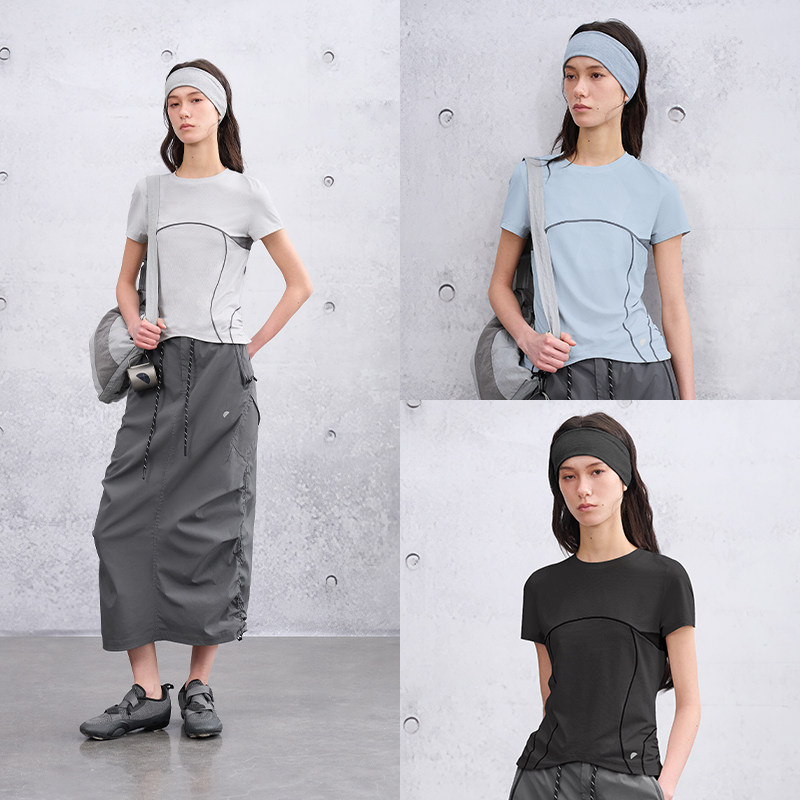 三针五线 半圆原创女装[运动]2026夏季修身休闲圆领撞色拼接T恤女