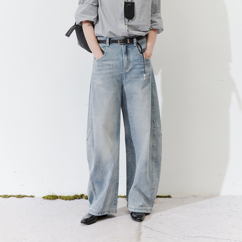 半圆原创女装[文艺]2025夏季水洗宽松做旧分割拼接牛仔裤女弯刀裤