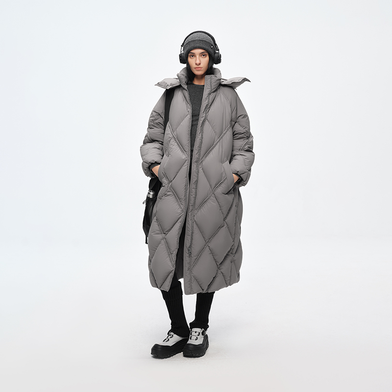 重工几何菱形格 半圆女装[运动]2025冬立领可拆卸帽子羽绒服女