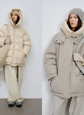 复合防泼水灰面料 半圆女装[运动]2025秋冬连帽双面穿羽绒服女