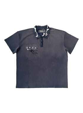 罗曼凯瑟 24ss 枪领日晒做旧 Vintage POLO衫藏蓝白色翻领T恤短袖