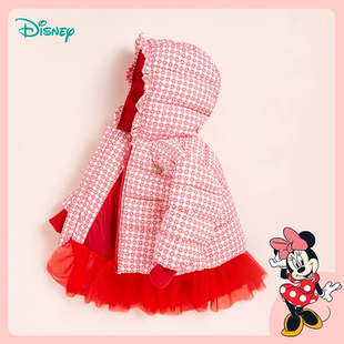 迪士尼童装 保暖连帽外套 女童棉服拼接纱裙中大童宝宝棉袄洋气冬季