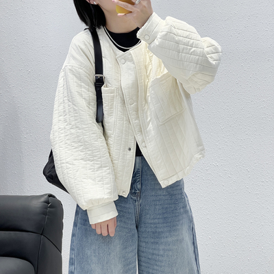 两口袋宽松竖条纹圆领薄棉衣