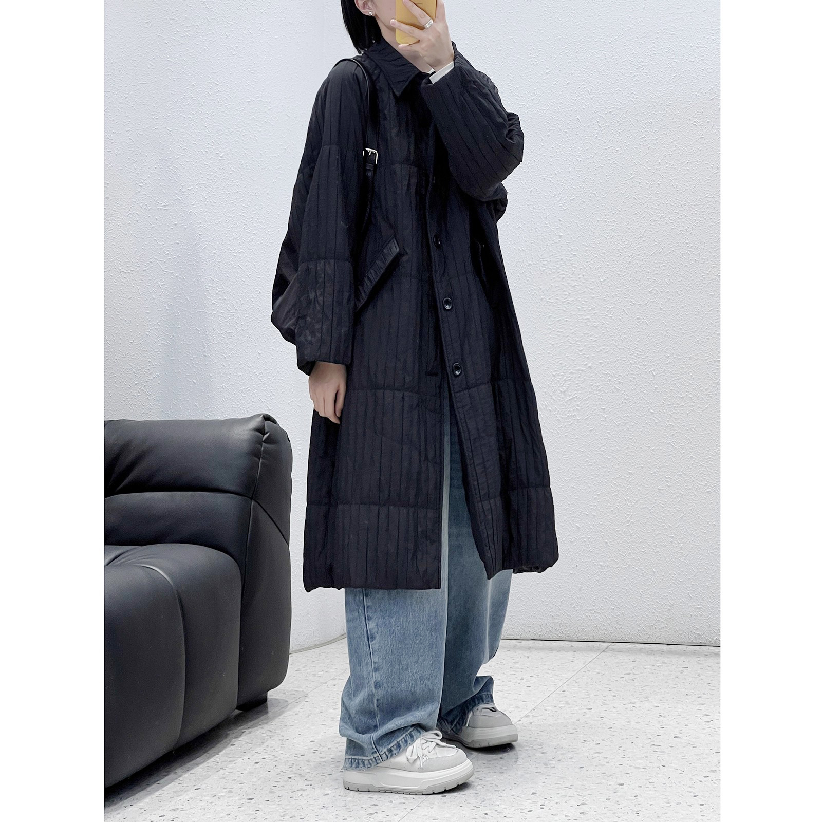 竖坑条翻领长款薄棉衣外套
