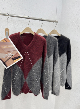 1.1 福利 GMI-6677韩版菱格提花V领套头马海毛衫