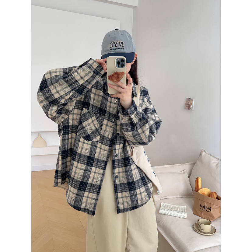 单口袋衬衫款毛呢格子棉衣外套