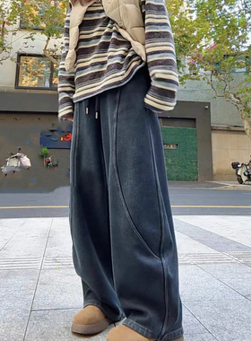 12.24 冬季新款 LI-11234韩版抽绳松紧腰做旧蓝奥粒绒牛仔香蕉裤