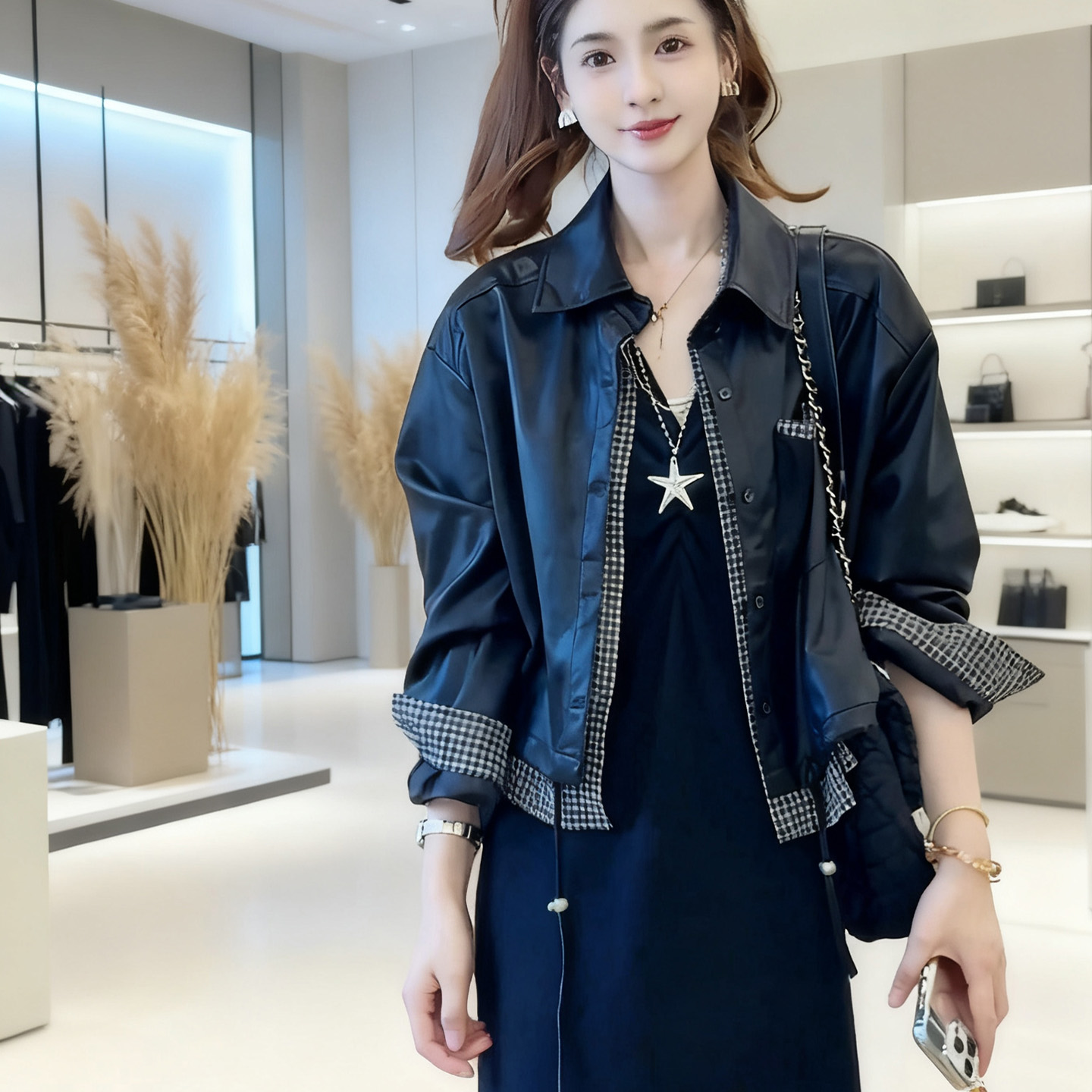韩版假两件拼接格子皮衣时尚外套女春秋新款显瘦夹克气质减龄上衣
