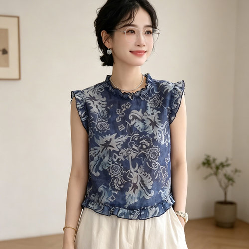 时尚碎花印花木耳边无袖衬衫女2026夏季新款后背纽扣宽松T恤上衣