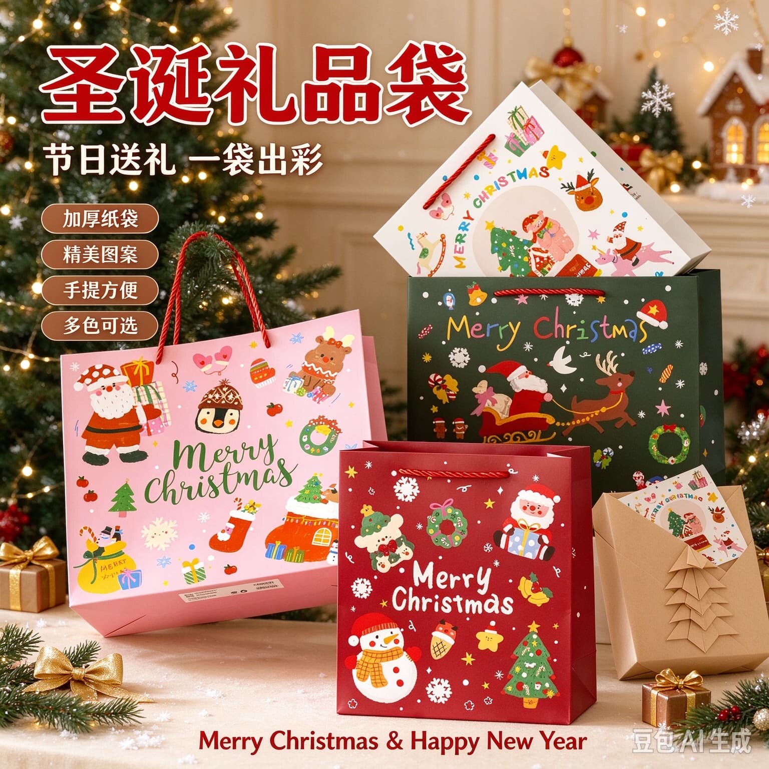 圣诞礼品袋圣诞派对手提袋纸袋可爱卡通圣诞老人平安夜礼物包装袋