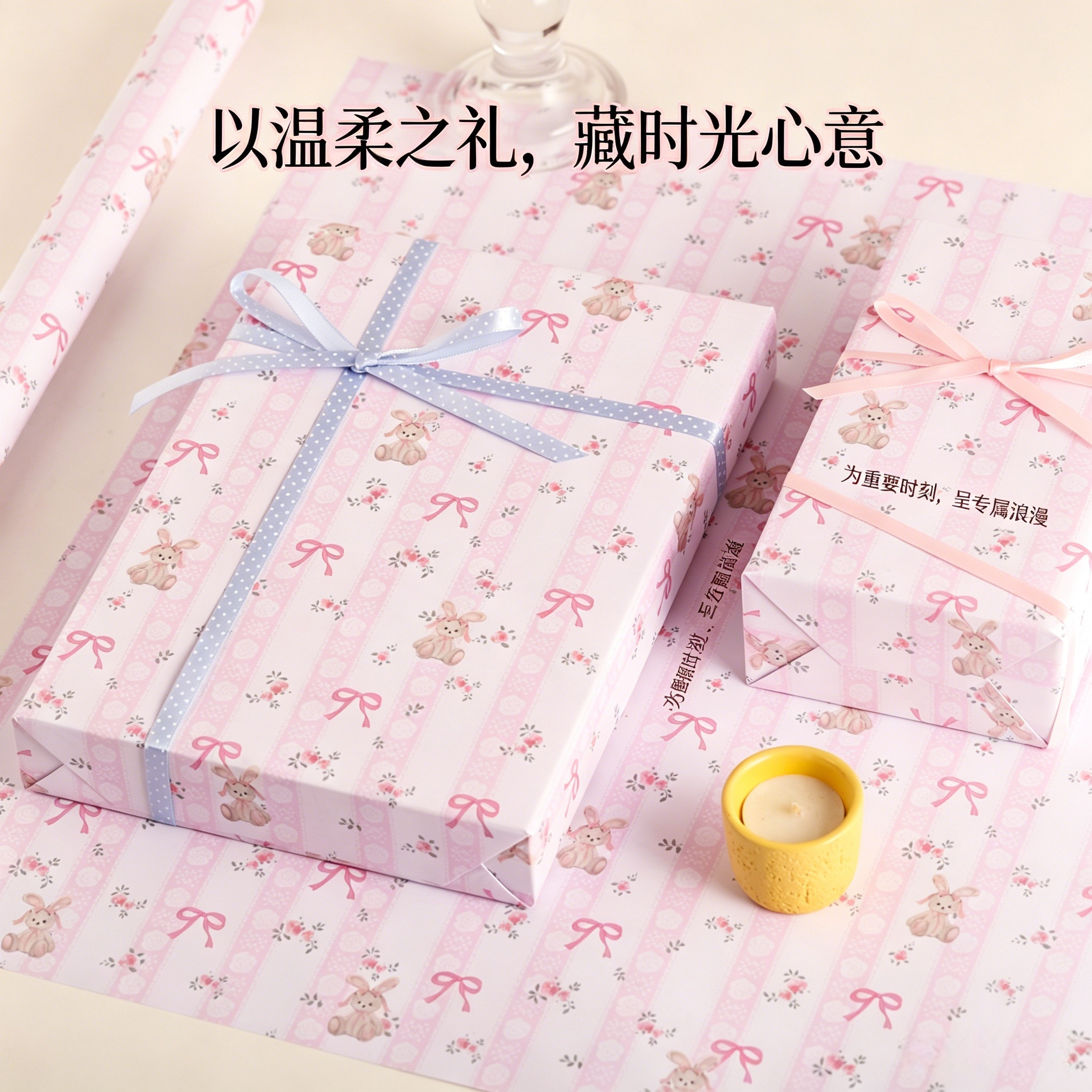 粉色兔子蝴蝶结礼物包装纸少女心ins风高级感礼品包装纸生日节日儿童礼盒装饰纸加厚防水大尺寸包书纸DIY材料