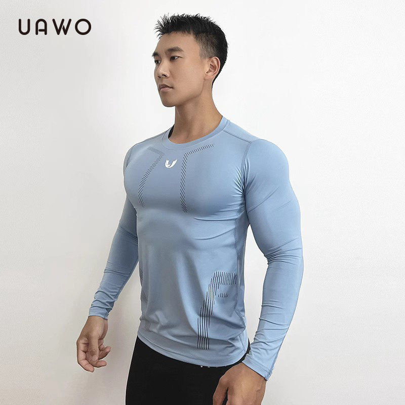 uawo秋季男士新款条纹紧身长袖训练衣弹力压缩运动跑步健身打底衫