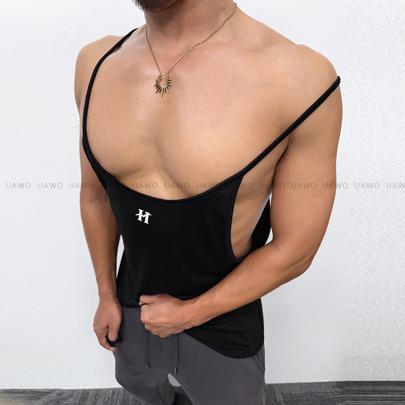 uawo男士深U低胸细肩带吊带背心性感纯色领修身运动健身打底衫
