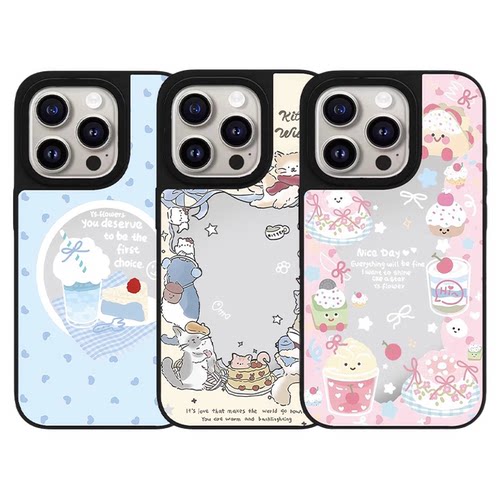 蓝色甜品爱心蛋糕环绕猫咪适用于苹果镜面磁吸手机壳iPhone17Air防摔16ProMax高级感15/14/13/12系列保护套