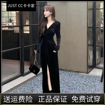 卡卡女装秋冬赴宴法式高级感气质显瘦V领丝绒连衣裙