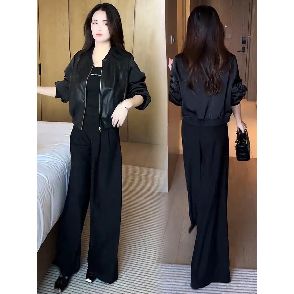 JOYIASS时尚休闲短款外套女2025秋季新款显瘦PU皮拼接机车棒球服