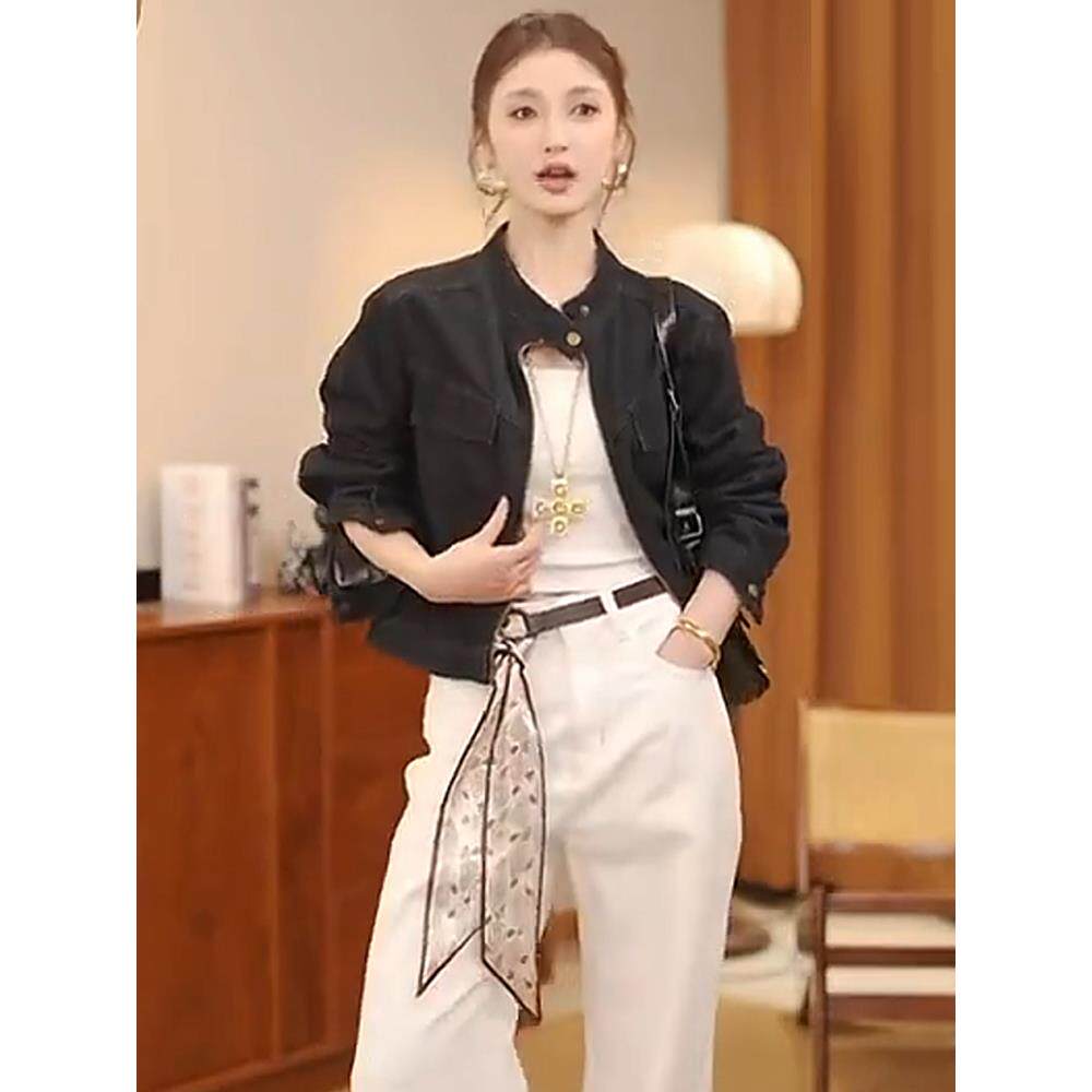 JOYIASS休闲短款牛仔外套女2025秋季新款洋气显瘦小个子百搭立领