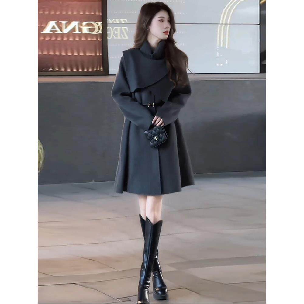 JOYIASS加厚外套女2025秋冬新款洋气显瘦收腰中长款时髦斗篷呢子