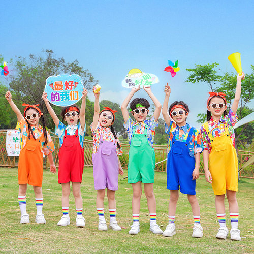 儿童花衬衫小学生背带裤表演服装