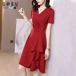 廣東 廣州紅色連衣裙女2022夏季新款v領收腰顯瘦氣質短袖赫本風紅裙子夏天