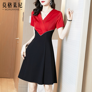 2026新款女夏季法式显瘦连衣裙v领拼接修身收腰气质名媛高端裙子