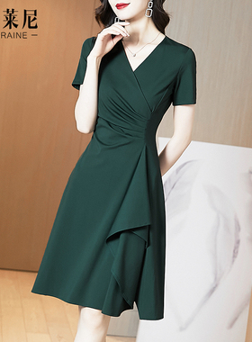 2023年夏季新款墨绿色复古气质V领收腰显瘦荷叶边不规则洋装女