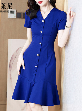 克莱因蓝连衣裙2026新款女夏季显瘦气质v领短袖高级感蓝色a字裙子