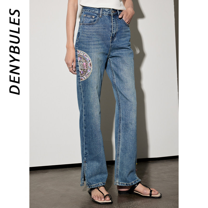 【热卖】DENYBULES刺绣订珠牛仔直筒裤重工侧开叉高腰复古阔腿裤