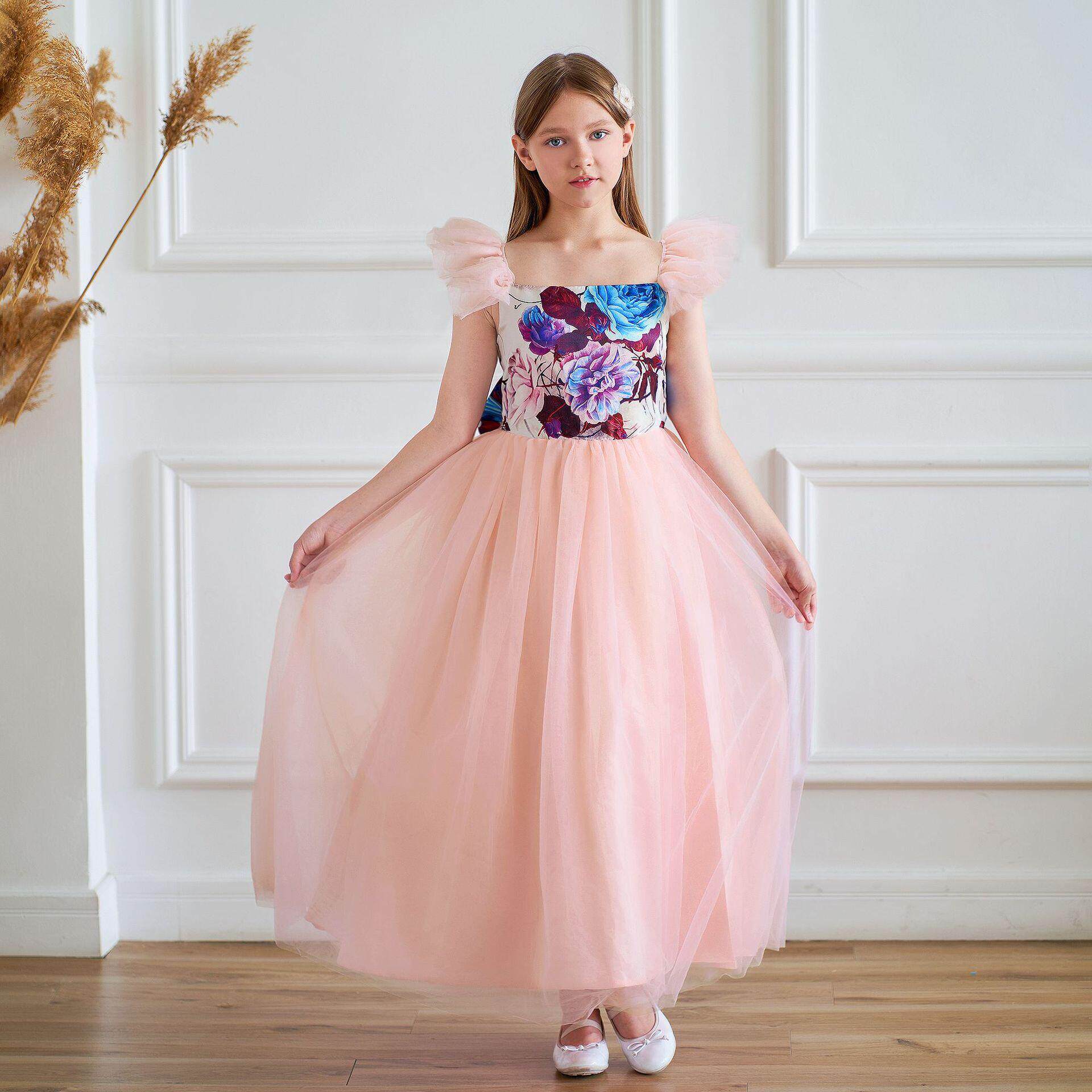 新款粉色印花大蝴蝶女童礼服主持人花童蓬蓬纱婚礼女孩公主裙