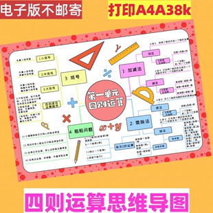 四则运算思维导图手抄报模板小学数学四年级下册一单元黑白线稿A4