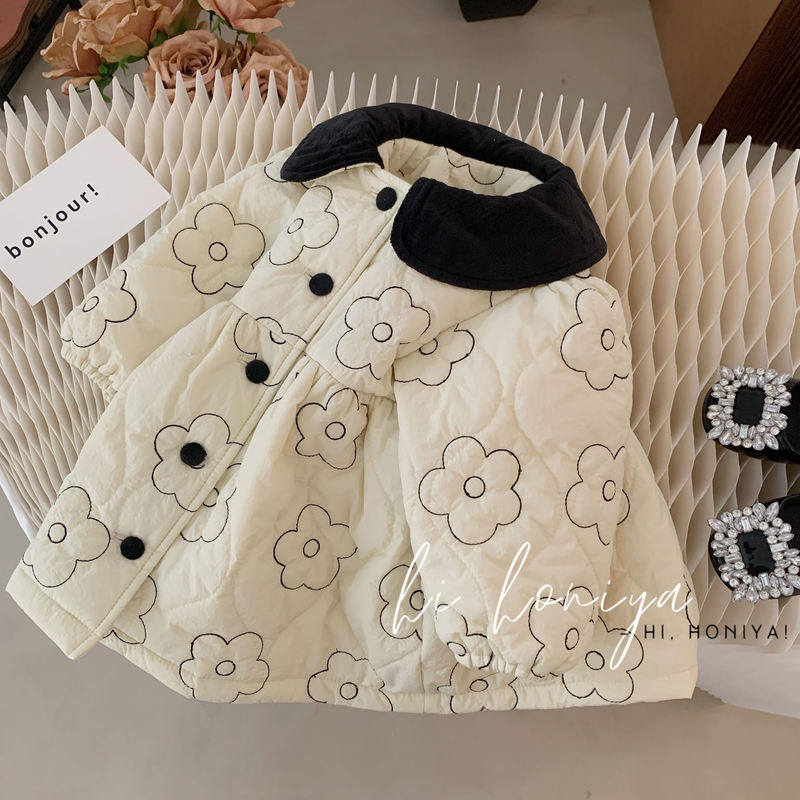 韩国童装子2025秋冬季新品宝宝米色小花朵加绒加厚保暖外套洋气