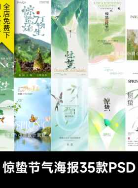 2026惊蛰节气春天绿色植物蝴蝶极简高级宣传广告PSD海报模板素材