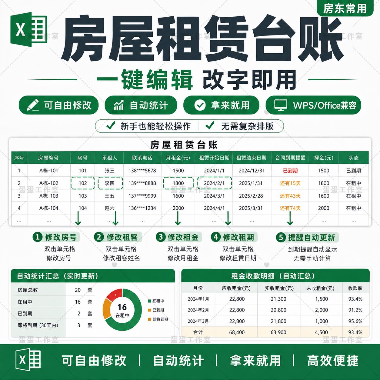 房屋租赁台账Excel模板房东收租管理房租收入记账统计收款提醒表