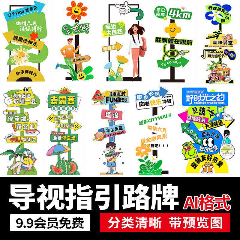 潮流市集活动指示牌商场指引牌露营立牌导视牌kt板AI矢量设计素材