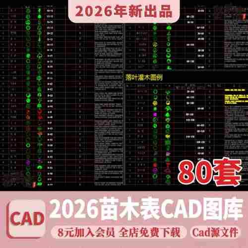 苗木表CAD图库图例 园林景观绿化南方北方植物配置植物素材施工图