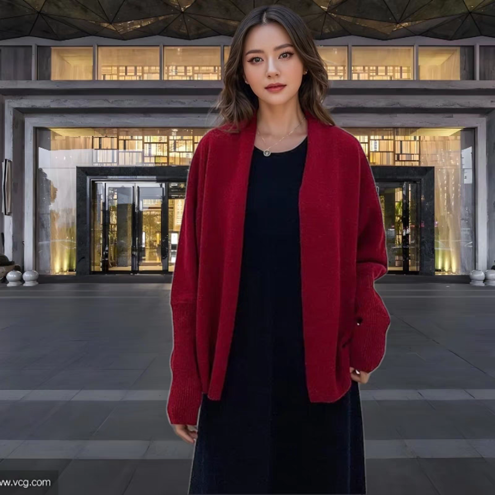 无扣山羊绒针织开衫纯毛衣女卷边围巾领羊绒斗篷针织衫披肩外套
