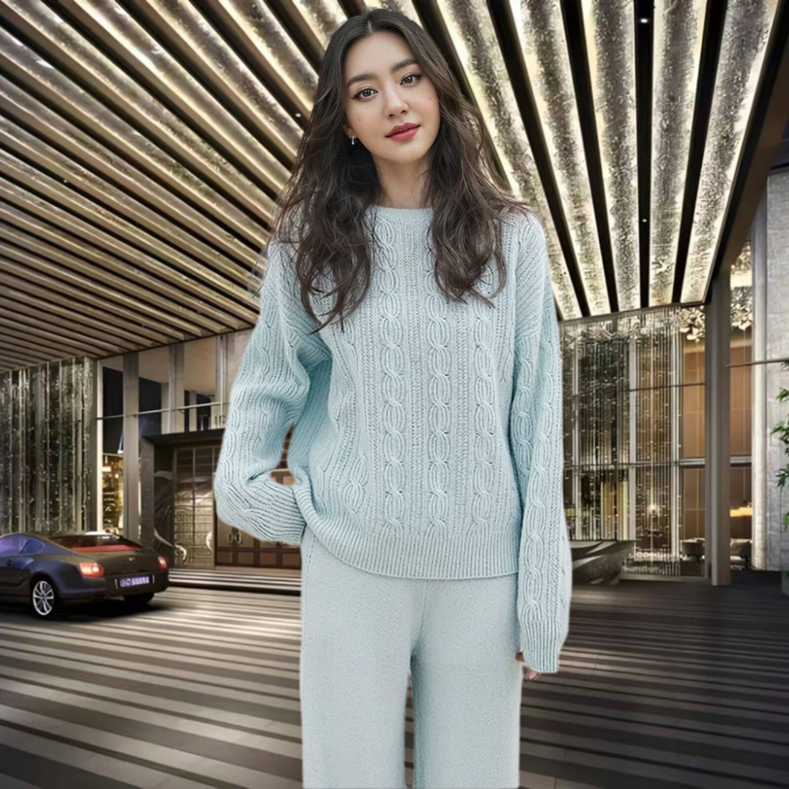 意大利奢柜秋冬新款时尚百搭圆领宽松纯色软糯羊绒针织衫女