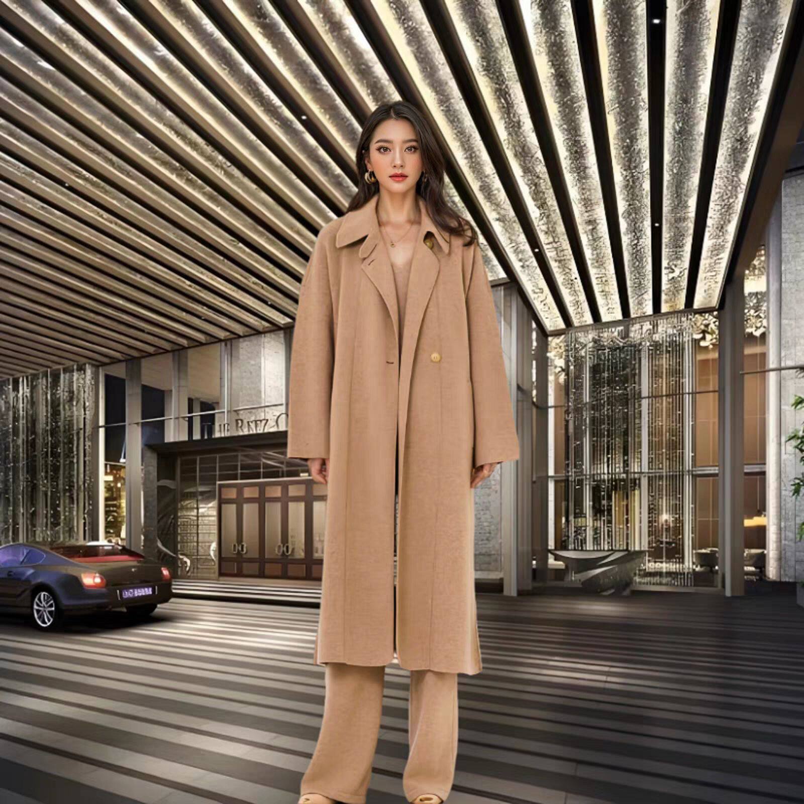 冬日时髦意大利高奢高定重磅山羊绒密织宽松翻领长款外套大衣套装