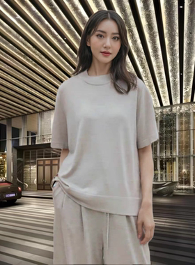 灰色圆领短袖女纯色桑蚕丝羊毛套头衫五分袖T恤P发价只换不退