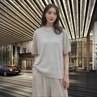 灰色圆领短袖女纯色桑蚕丝羊毛套头衫五分袖T恤P发价只换不退