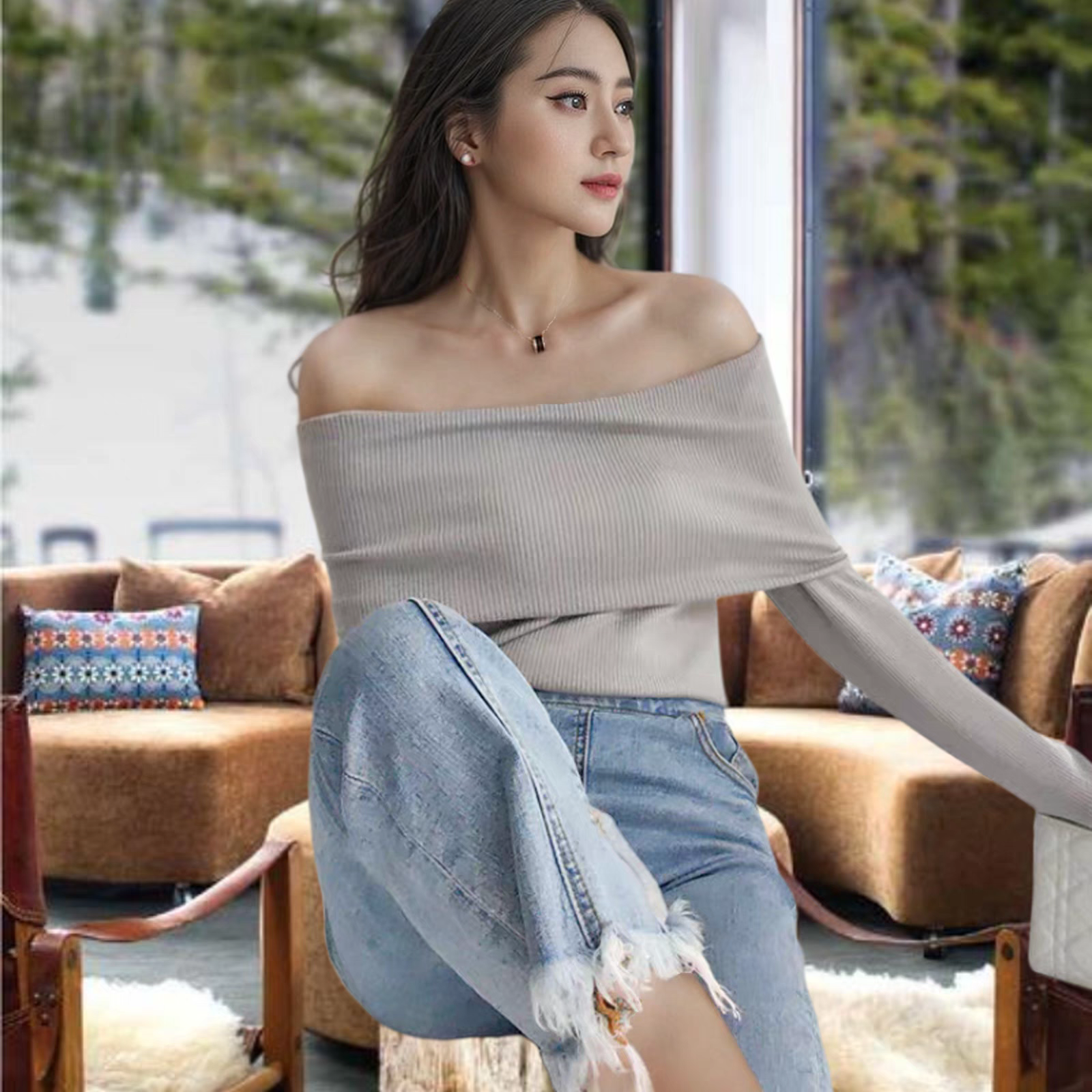 澳毛16针精纺细羊毛法式一字肩羊毛衫性感针织衫女长袖夏季空调衫