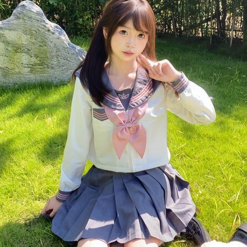 花漫屿校供感日系水手服长短袖校供感JK制服套装灰色百褶裙粉领结