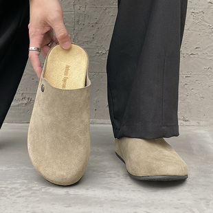 自制手工穆勒鞋男一脚蹬包头拖老钱风勃肯鞋防滑橡胶底片足弓中底