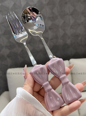 高级感紫色蝴蝶结304不锈钢勺叉组合陶瓷手柄主餐勺西餐叉牛排刀