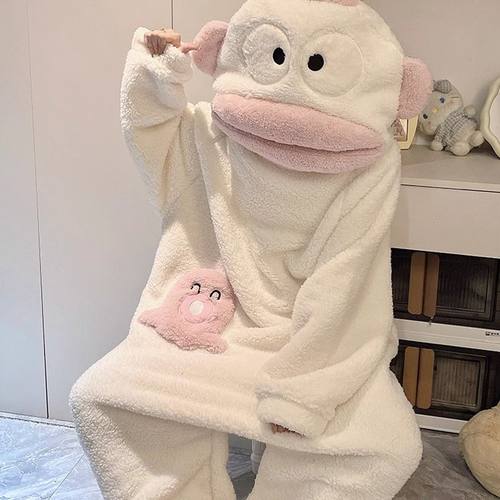 小丑鱼连体睡衣女珊瑚绒秋冬季保暖搞怪卡通睡袍男大嘴鱼可外穿