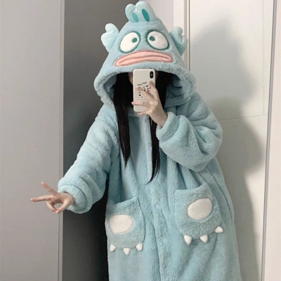 搞怪丑鱼睡袍珊瑚绒睡衣女款2025新款秋冬季厚睡裙连帽连体家居服