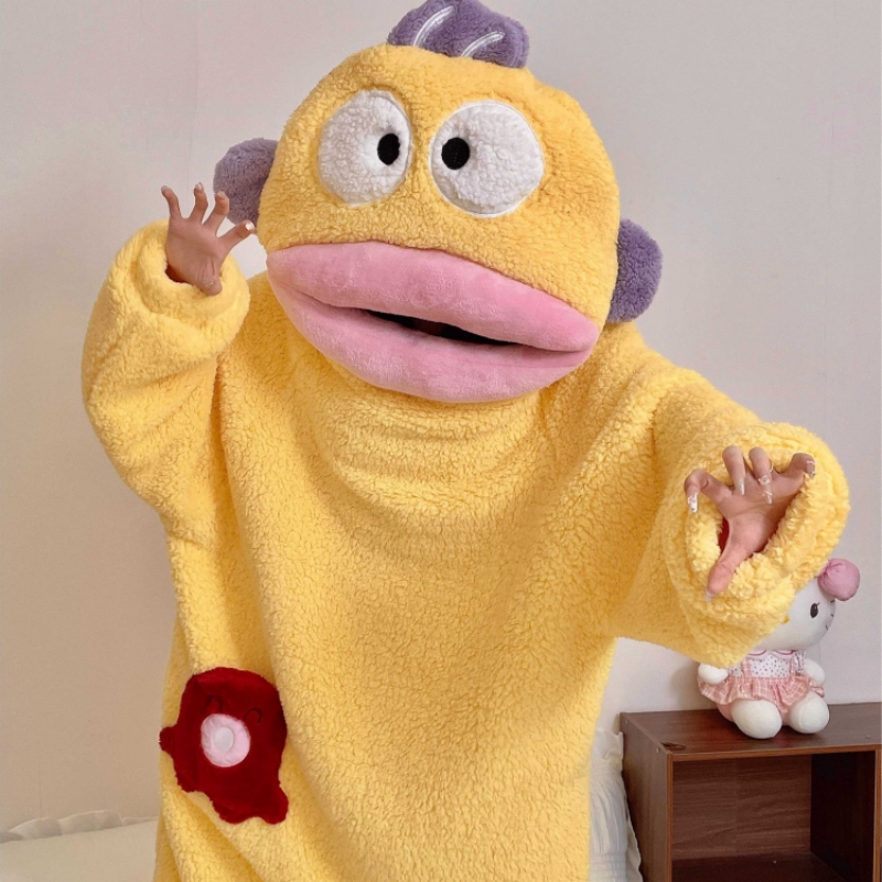 丑鱼睡衣女秋冬季加厚珊瑚绒搞怪抽象情侣连体睡袍大嘴鱼家居服男