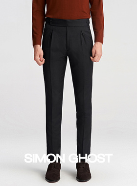 SIMON GHOST 西裤意大利进口面料深灰色纯羊毛高腰巴黎扣西裤裤子